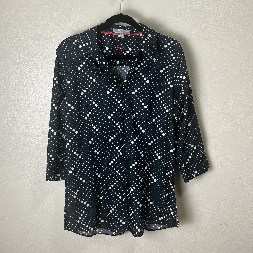 Foxcroft Wrinkle Free Black Polka Dot Button up Blouse‎ Women's Sz 10 Shaped Fit
